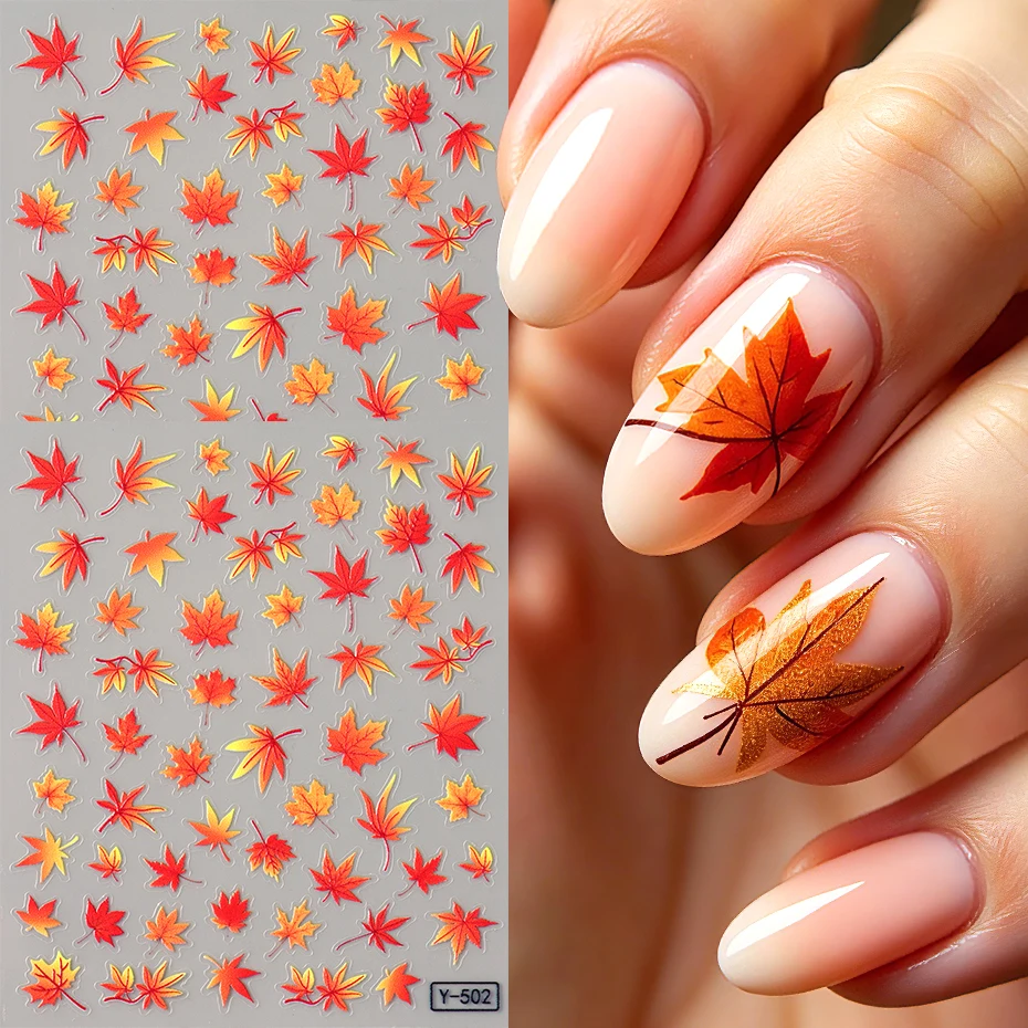 2 Stück Herbst-Ahornblatt-Nagelaufkleber, Herbstliche Orange-Rot-Gelbe Ahornblätter Nagelsticker, Thanksgiving Nagelkunst-Dekorationen, Maniküre – Detail 1