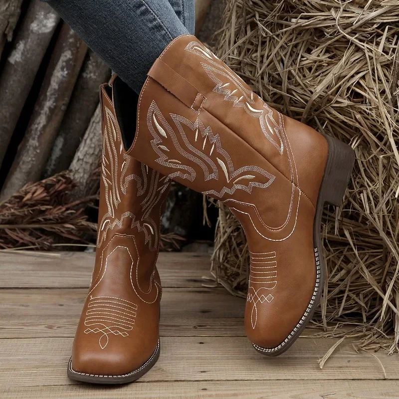 Ethnic style pointed fashion short boots embroidered square heel long tube large tube medium tube embroidered women's boots