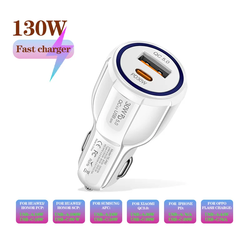 

130W 2 Ports Car Super Fast Charger QC3.0 QC5.0 PD30WCar Cigarette Lighter Flash Charge For HUAWEI/IPHONE/XIAOMI/OPPO/SUMSUNG
