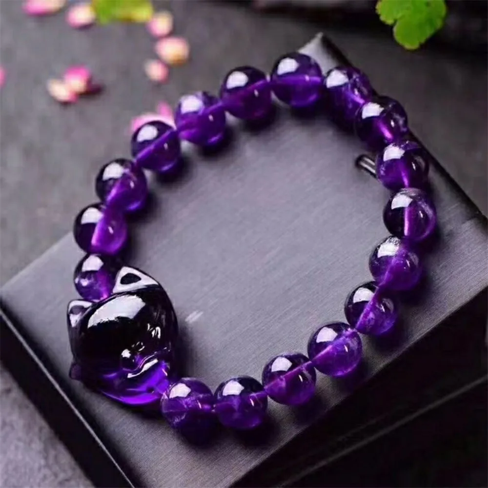 

10mm Natural Purple Amethyst Stone Bracelet For Women Men Beauty Love Gift Fox Shape Beads Energy Crystal Strands Jewelry AAAAA