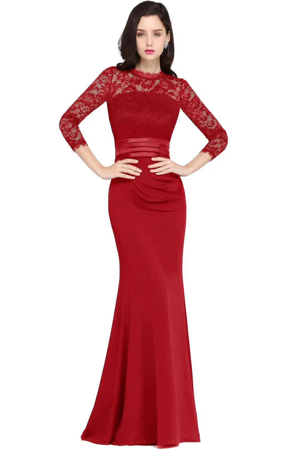 Elegant Long Sleeve Mermaid Evening Dresses Lace Scoop Neck Burgundy Red With Sashes Formal Party Prom Gowns Vestido De Fiesta