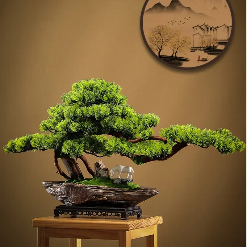 

New Chinese Style Simulation Green Plant Living Room Porch Office Desktop Decoration Guest Greeting Pine Plant Bonsai Ornaments