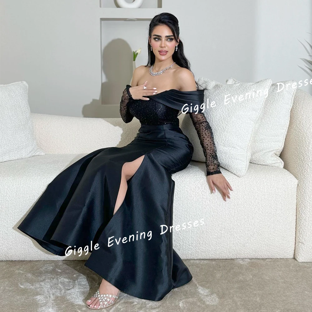 

Off-Shoulder Exquisite Beading Satin Prom Gown Saudi Arab Mermaid Slit Ankle-Length Pretty Elegant Ladies Evening Dresses 2024