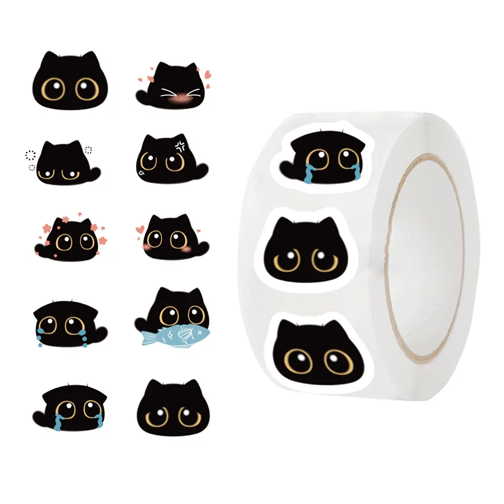 500Pcs Black Cat Stickers Roll, 10 Designs Cute Cartoon Kitten Meme Decals, Waterproof Animal Stickers for Kids Diary Gits