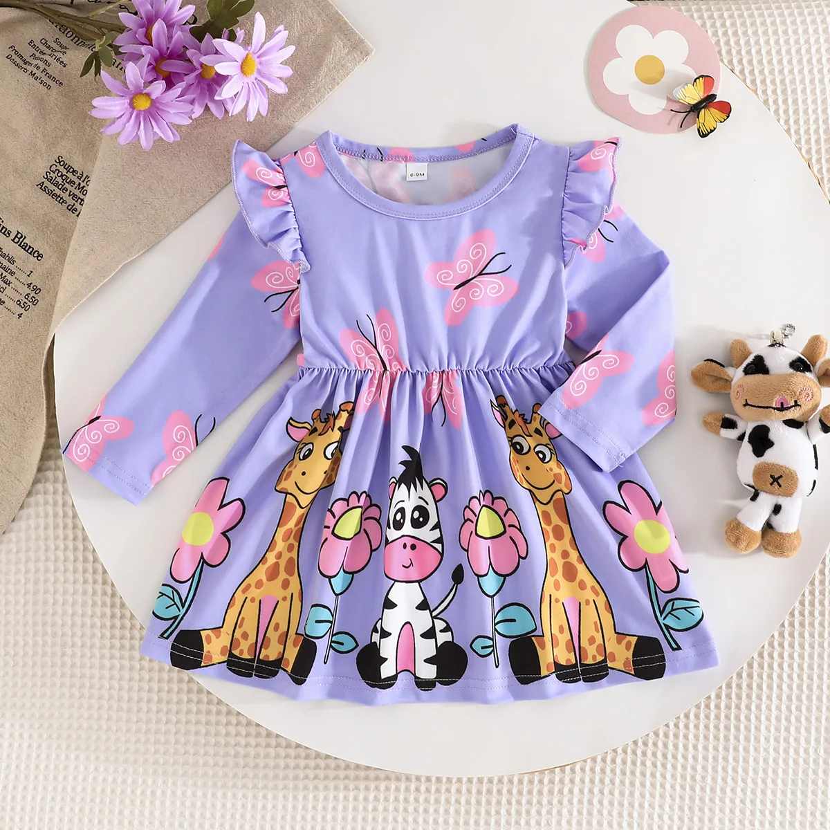 

2024 Winter New Girls Long Sleeve O Neck Ruffles Print Cartoon Purple Cute Designer Girls Princess Dress Vestido 6M-3T