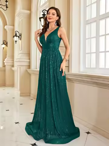 Women's Dark Green Starry Long Birthday Party Evening Dress