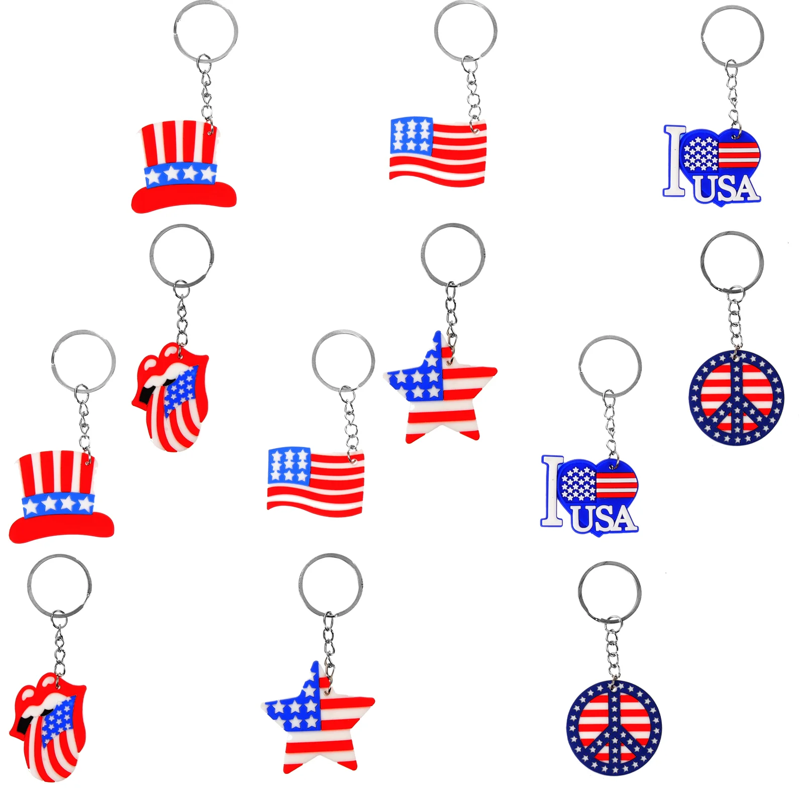 12 Pcs American Flag Keychain Independence Day Holiday Party Ornaments 12pcs Random Style Keyring Usa Souvenirs Patriotic