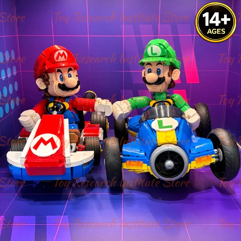 Ensemble de blocs de construction de voitures de course, kart bleu et rouge 2 en 1, figurines de pilotes de jeu, jouet à roues mobiles 72037, 72050