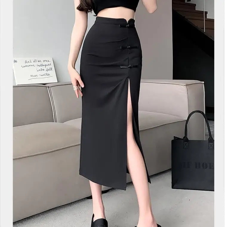 Black Sexy Skirt Split Simple Casual All-Match Hot Street Outing Cool Mature Vitality Personality Trend Basic Women'S Skirt