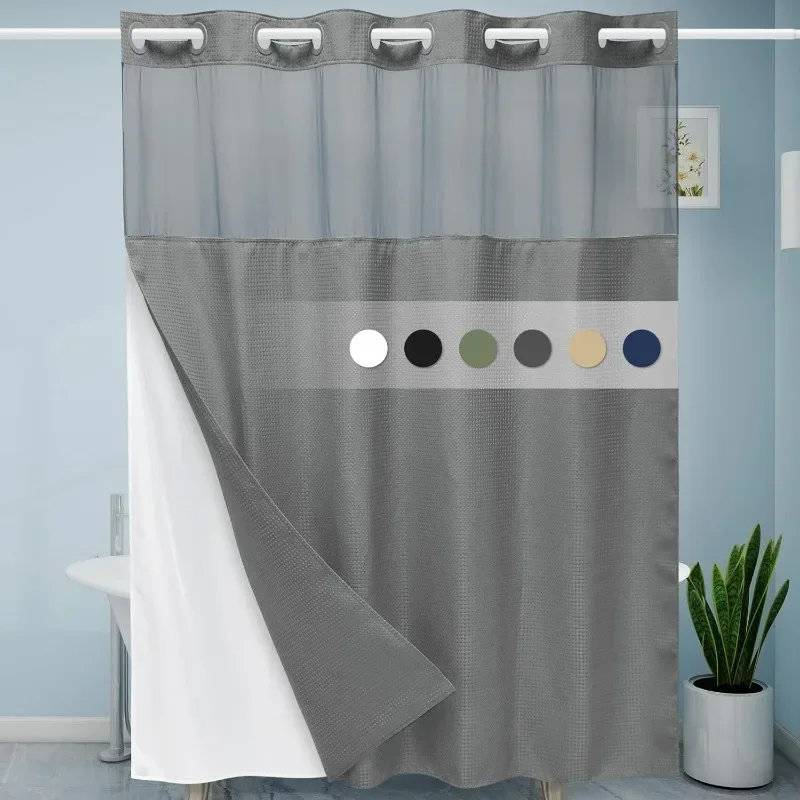 

Grey Shower Curtain and Liner set - 230GSM Waffle Weave Textured Heavy Duty,Hotel Luxury Weighted Bath Curtain