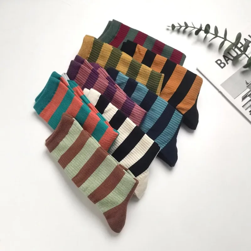 8 Pairs Striped Mid-Calf Socks Women Japanese Style Simple Casual Fall Winter Women's Socks Set Cotton Warm Socks High Quality