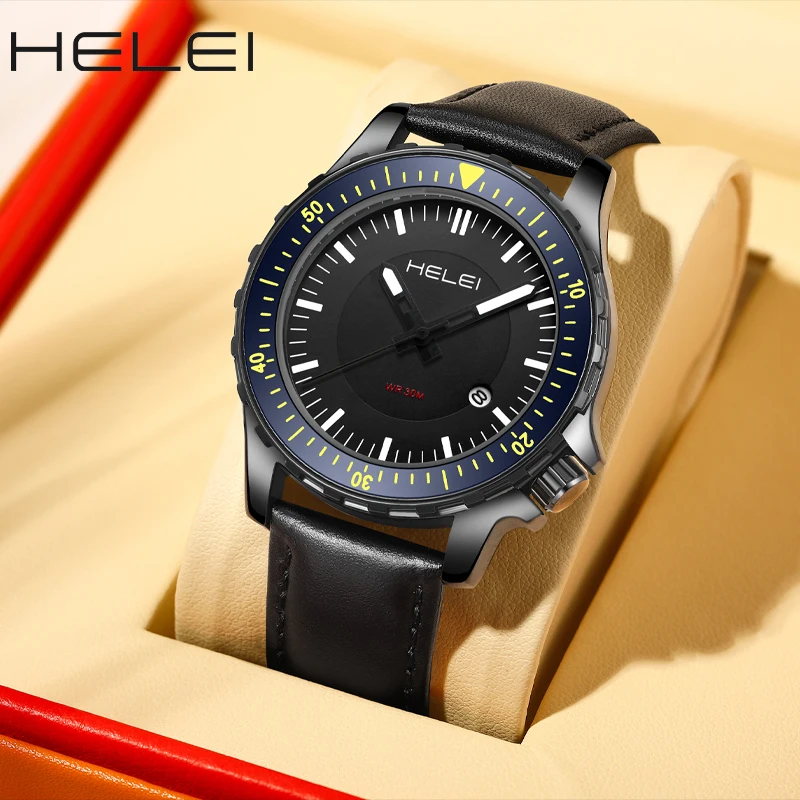 

HELEI men's watches leather ultra-thin quartz watches men's luxury watches waterproof calendar display gift for men