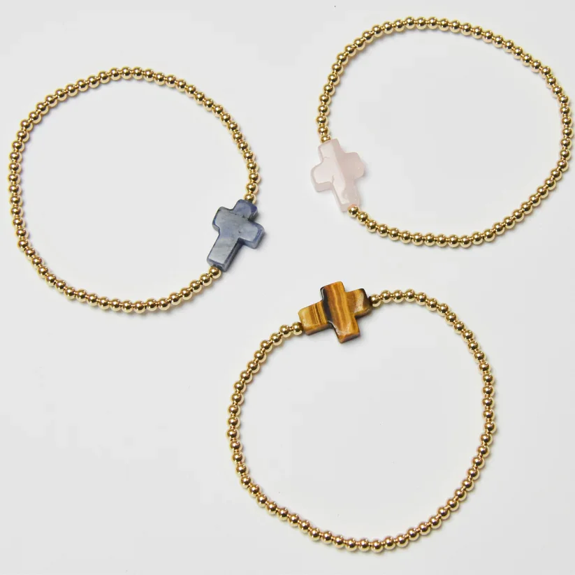 

CCGOOD Natural Stone Cross Charm Bracelet Stretchy Jewelry 3mm Gold Plated 18K Beads Bracelets for Women Dainty Pulseras Femme