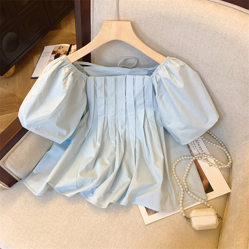 Elegant Square Neck Summer White Blouse Women Fashion New Puff Short Sleeve Loose Doll Shirt Ladies Kawaii Pleated Short Tops