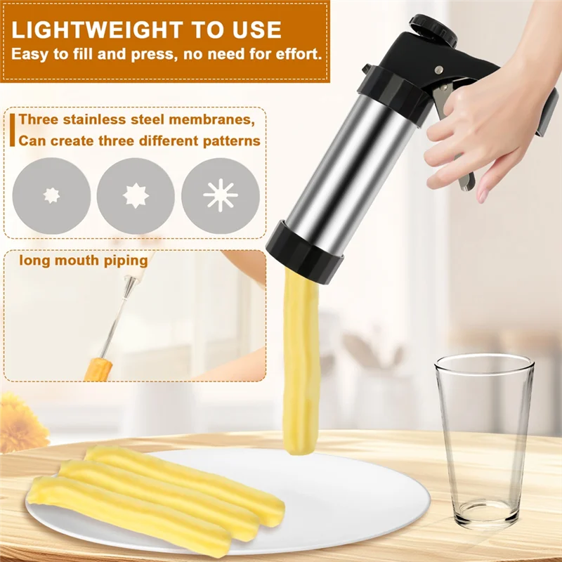 A24P Churrera Churro Maker Machine الفولاذ المقاوم للصدأ Churro Maker Kit مع 3 نصائح مختلفة الأنابيب فوهة جوفاء