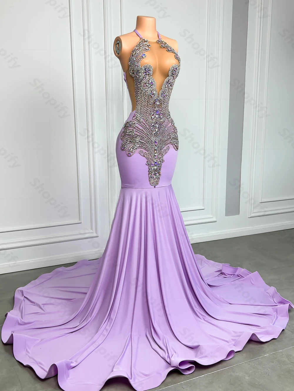 Vestido de baile longo com strass lilás roxo brilhante para garota negra, sexy estilo sereia, vestidos de festa formais, 2024 com trem