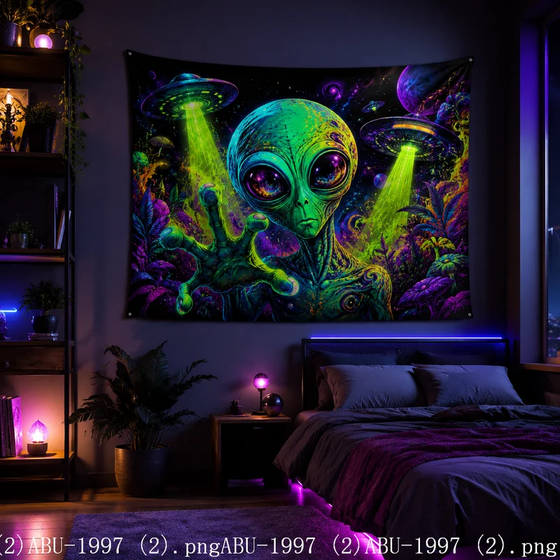 VIKAMA Trippy Alien UFO Tapestry Color Jungle Plant Galaxy Space Art Wall Hanging Teen Bedroom Dorm Aesthetic Decor Cloth