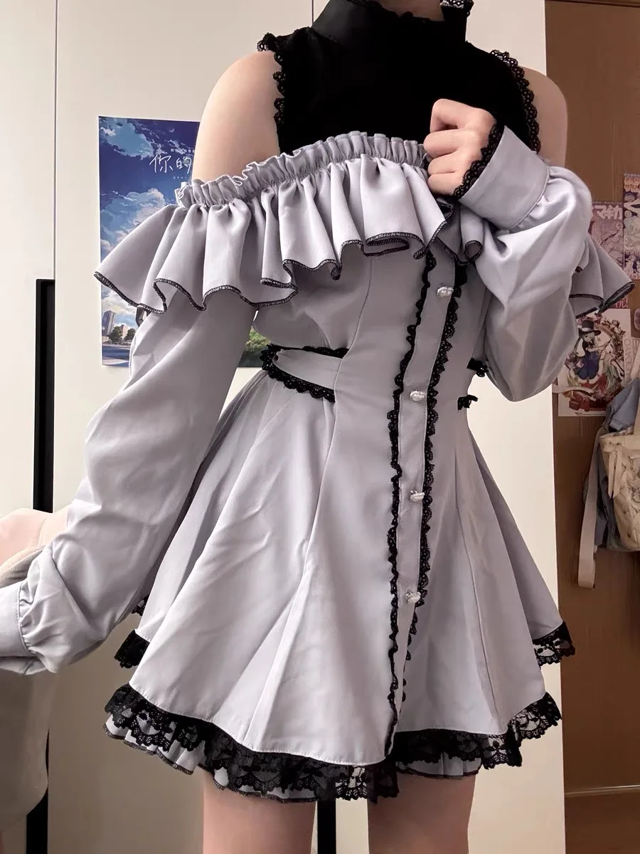

Women's 2 Piece Sets Japanese Mine Series Mass-produced Off-shoulder Lace Splicing Long-sleeved Dress Set Spring Summer