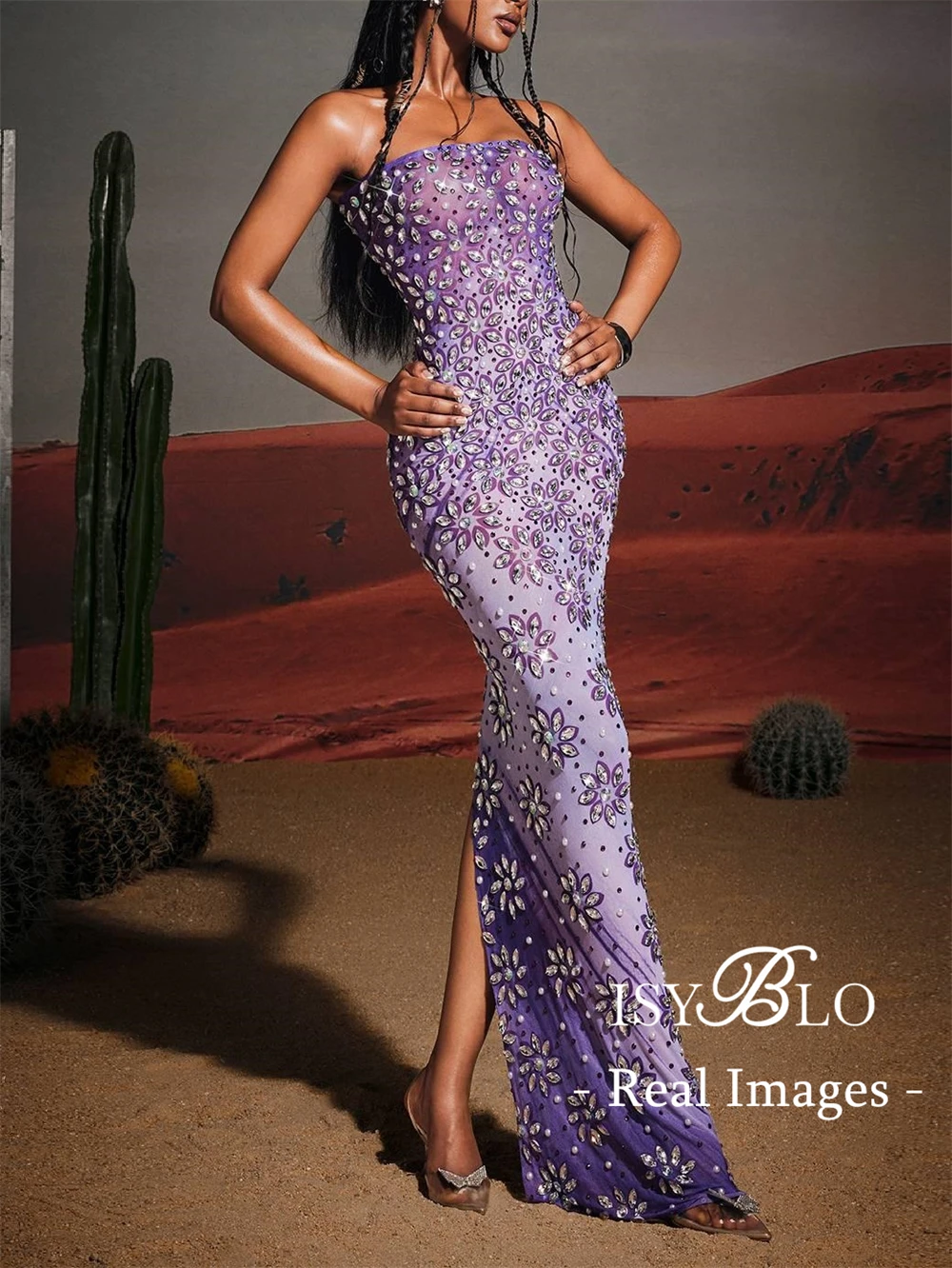 

ISYBLO- Purple Crystals Maxi Dress for Formal Occasion, Party Prom Evening Dinner Birthday Cocktail Gowns