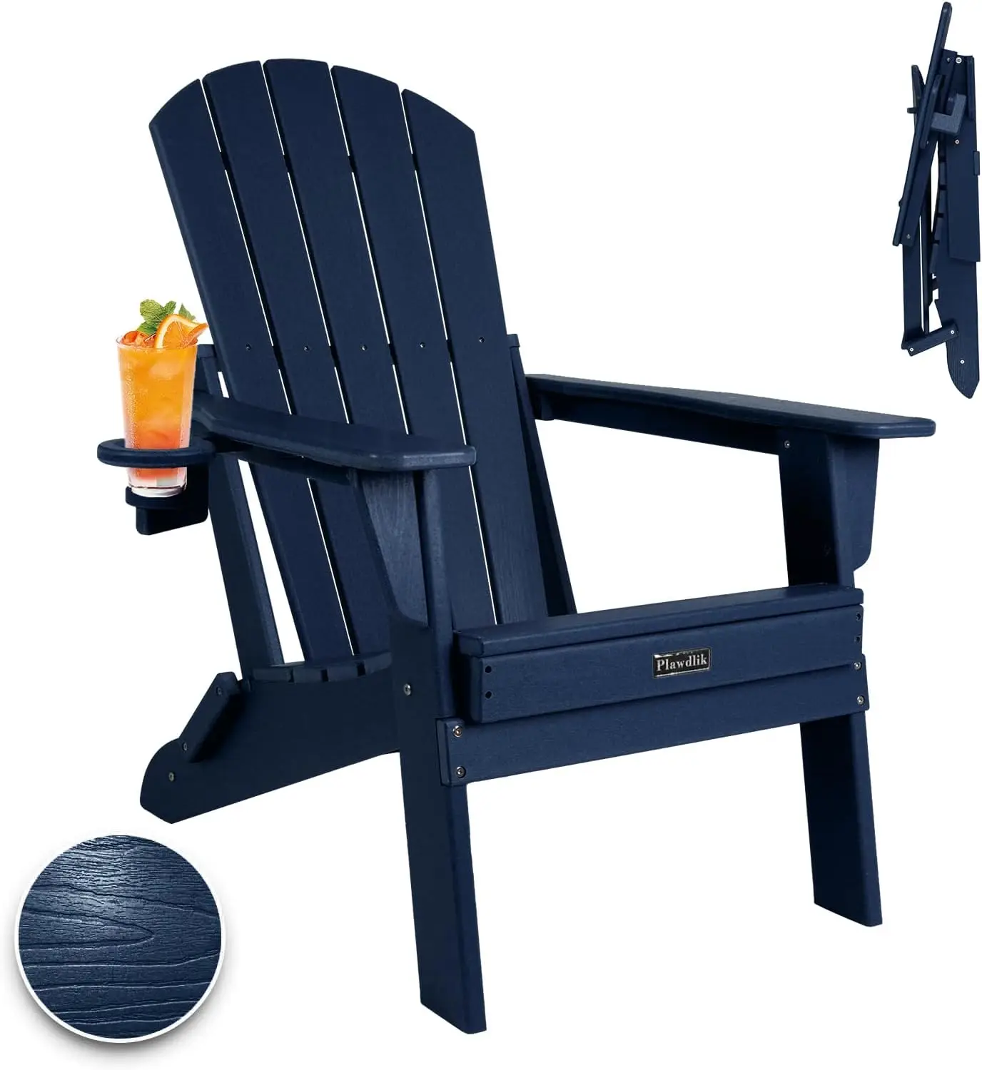 

Folding Adirondack Chair, SGS Tested, Wooden Textured with Cup Holder, Heavy All-Weather HDPE Comfortable Set Poolside Backyard