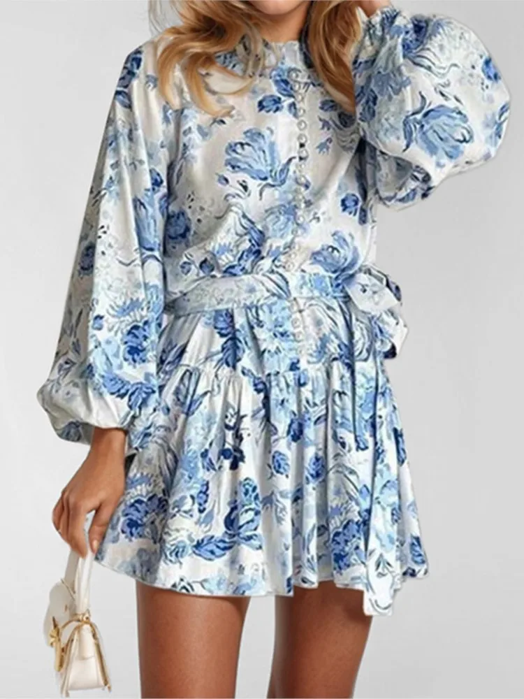 

2025 Fashion White Stand Collar Womens Dresses Elegant Long Sleeve Print Dress Casual Button Lace-Up Pleated Dress Streetwear