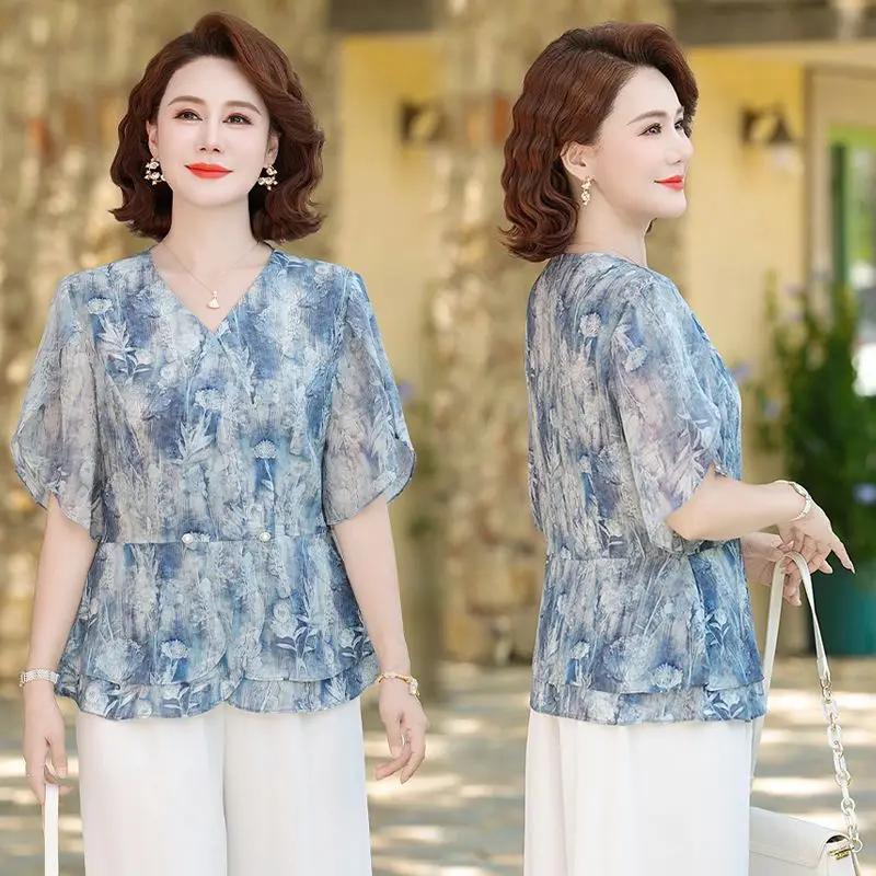 Summer Chiffon Short Sleeved Tops for Middle Aged and Elderly People Thin Style T-shirts