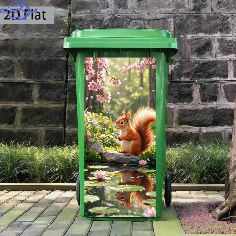 Printing]Trash Can Sticker  X  Cm Spring Creek Squirrel Design Self-Adhesive Wall Decor Kitchen Trash Can Decoration (Suit