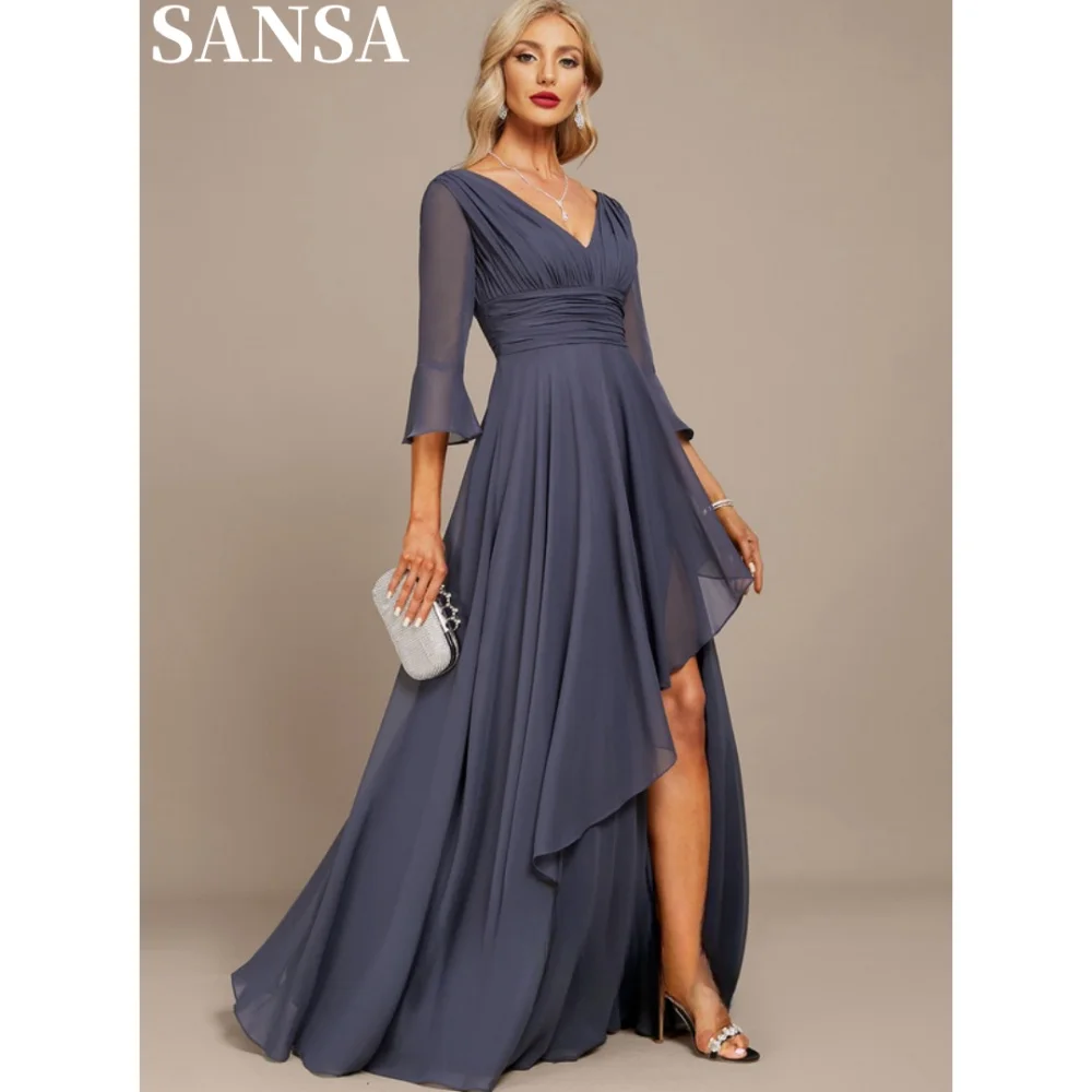 

Sansa Formal A-line Chiffon Mother Of Bridal Dress Customized Floor-Length V-Neck Wedding Dresses Long Sleeve Vestidos De Fiesta