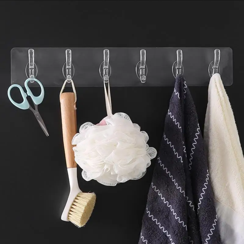 1pcs Punch-free Strong Traceless Sticky Hooks Clear Plastic Glue Hook Kitchen Bathroom Nail-free Wall Hanger 3/5/6 Row Hook Rack