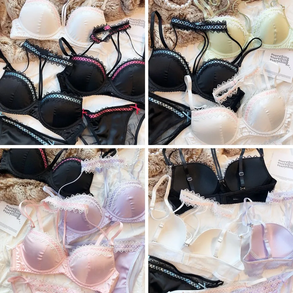 

Sexy Lace Satin Bra & Briefs Set with Hollow Design, Soft Steel Ring for Support