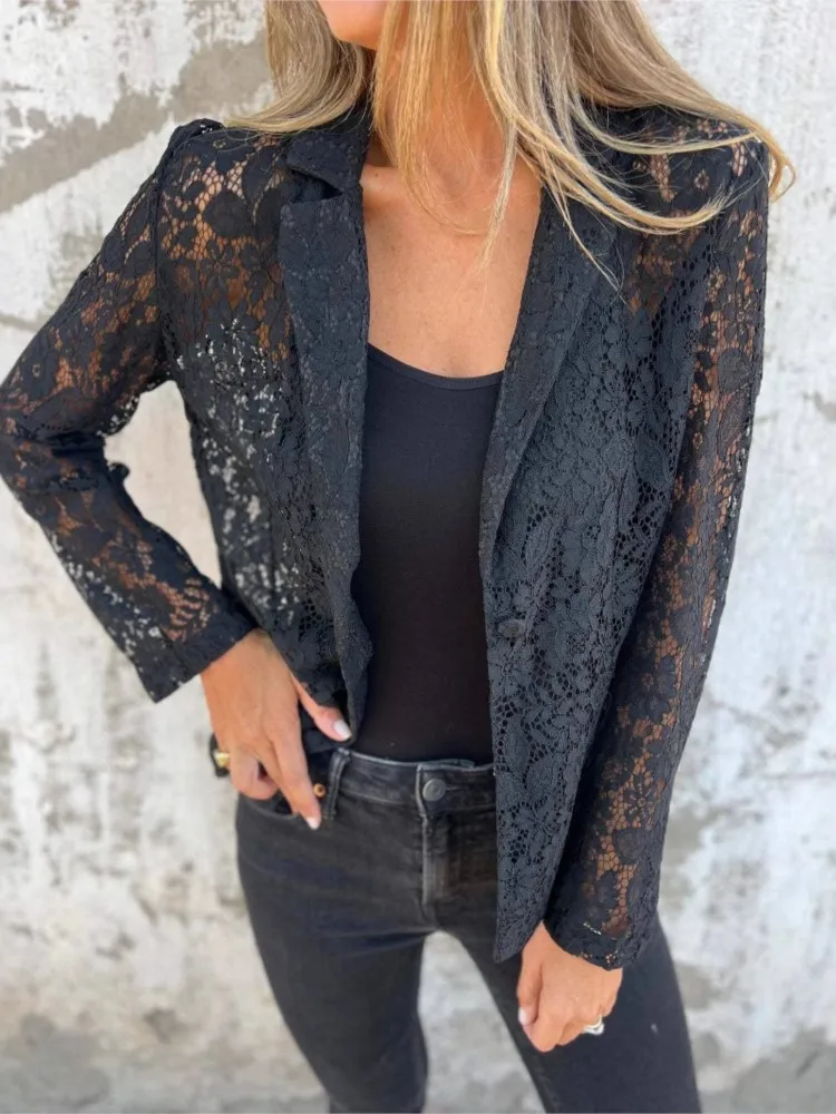 Fashion Lace Black Suit Jacket Lady Elegant Office Long Sleeve Turn-down Collar Coat Tops For Women Spring Womens Clothing New