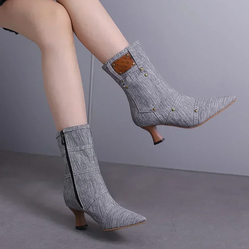 Winter Pink Blue Denim Cowgirl Ankle Boots Women High Kitten Heels Black Jeans Dress Pointed Toe Rivet Pocket Zipper Short Boots