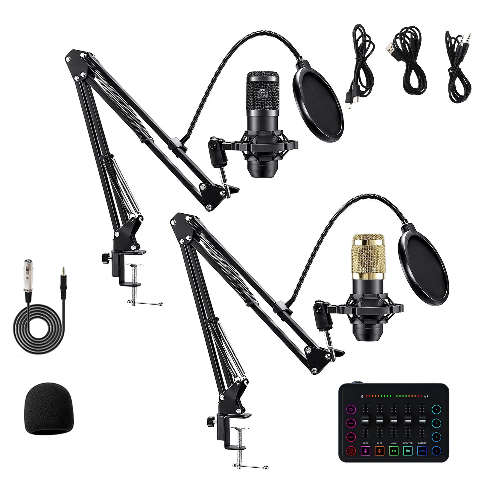 

Комплект оборудования для подкастов, набор для потоковой передачи аудио с конденсаторным микрофоном, шумоподавлением, звуковой картой и аудиомикшером для живых выступлений