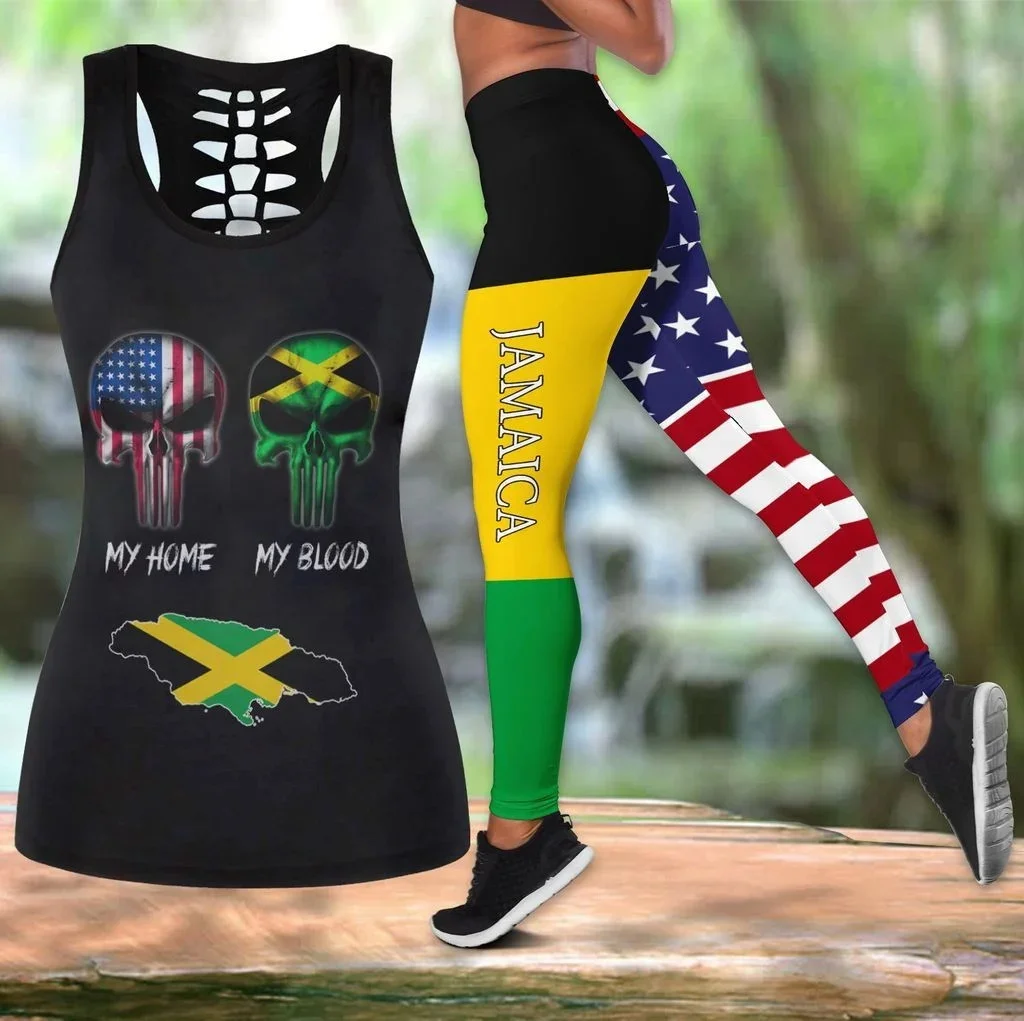 PLstar Cosmos Jamaica Lion Coat Of Arms & Flag 3D Printed Hollow Tank Top & Leggings Set Fitness Female Yoga Pants LKB-38