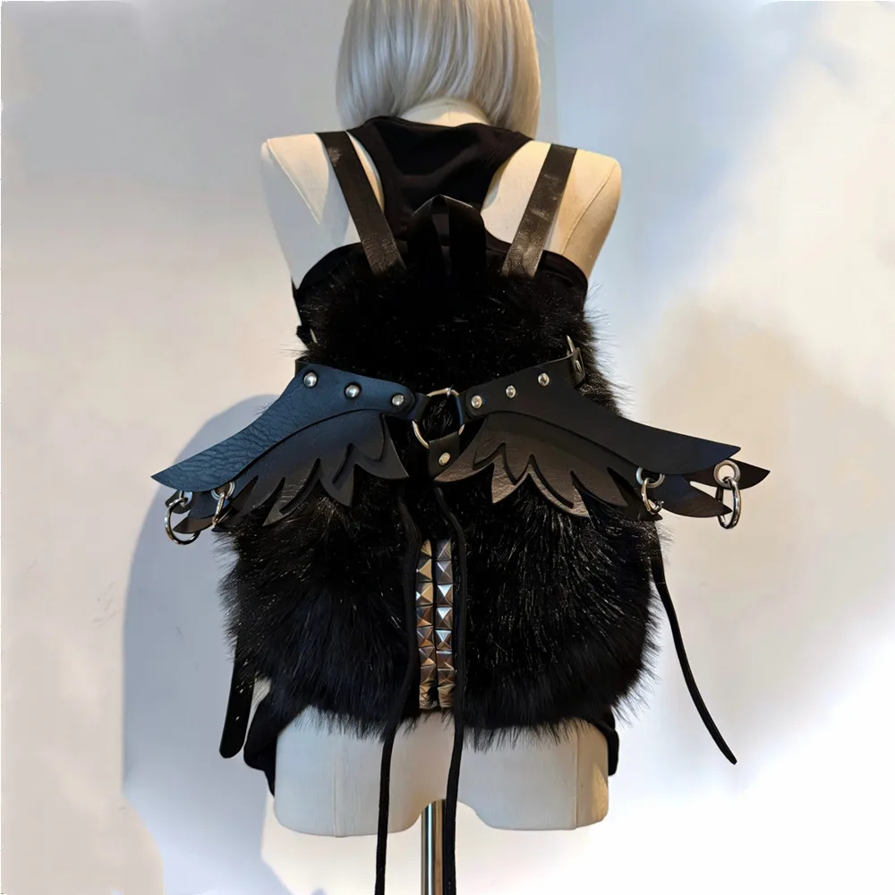 2026 New Gothic Y2K Faux Fur Backpack Removable Wing Decoration Retro Rivet Punk Dark Aesthetic Drawstring Shoulder Bag Unisex