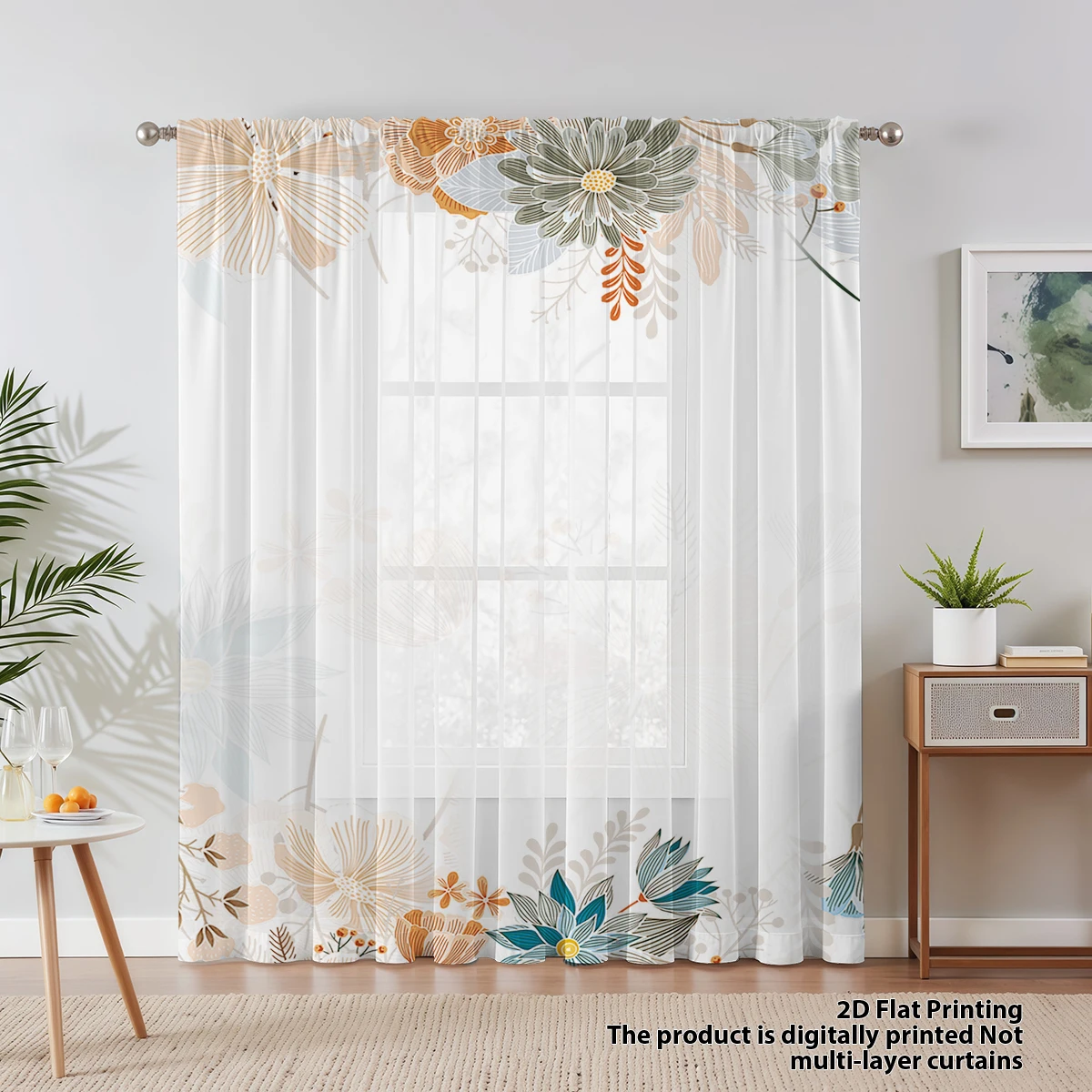 1pc Parrot & Butterfly Sheer Curtain - Watercolor Pattern Pole Window Curtain for Nature Home Decor