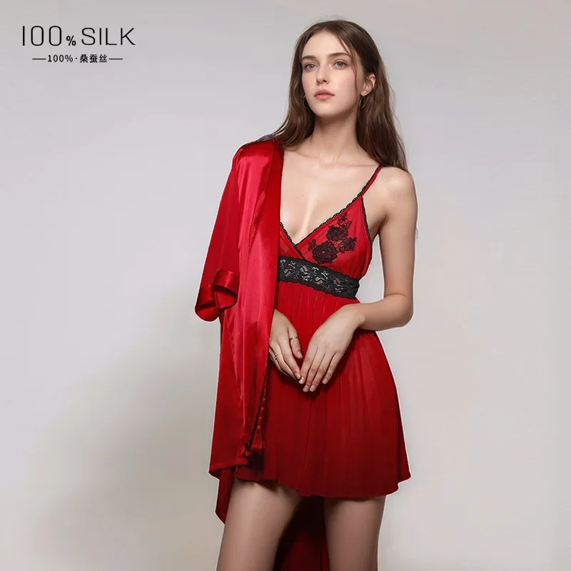 100% Mulberry Silk Sexy Lace Chemise with Robe 2Pcs Pajamas Set Kimono Slip Nightgown & Robe Gown Sleepwear Bathrobe Loungewear