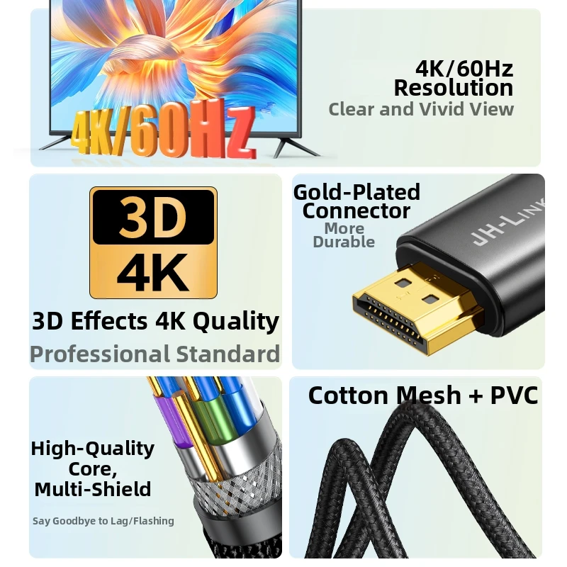 JH-LINK Premium HDMI 2.0 Cable 4K@60Hz HDR 3D High Speed Cord For Home Theater Gaming Office Presentation view 3