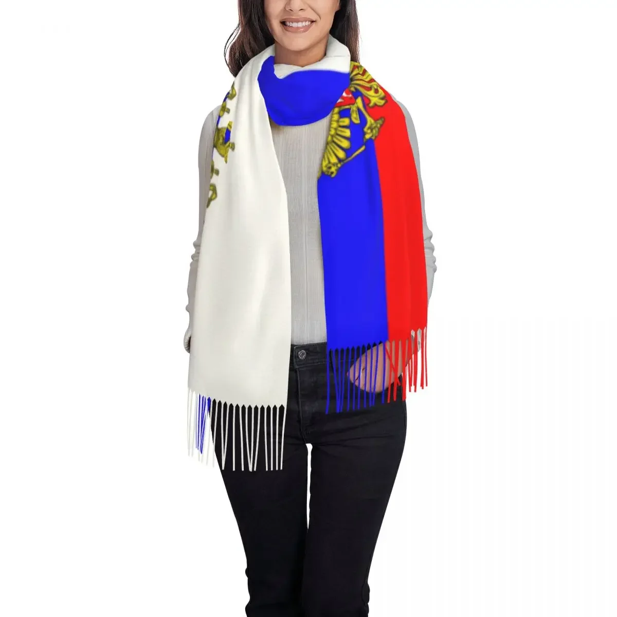 Luxury Russian Flag Tassel Scarf Women Winter Warm Shawls Wraps Lady Coat of Arms  Russia Scarves