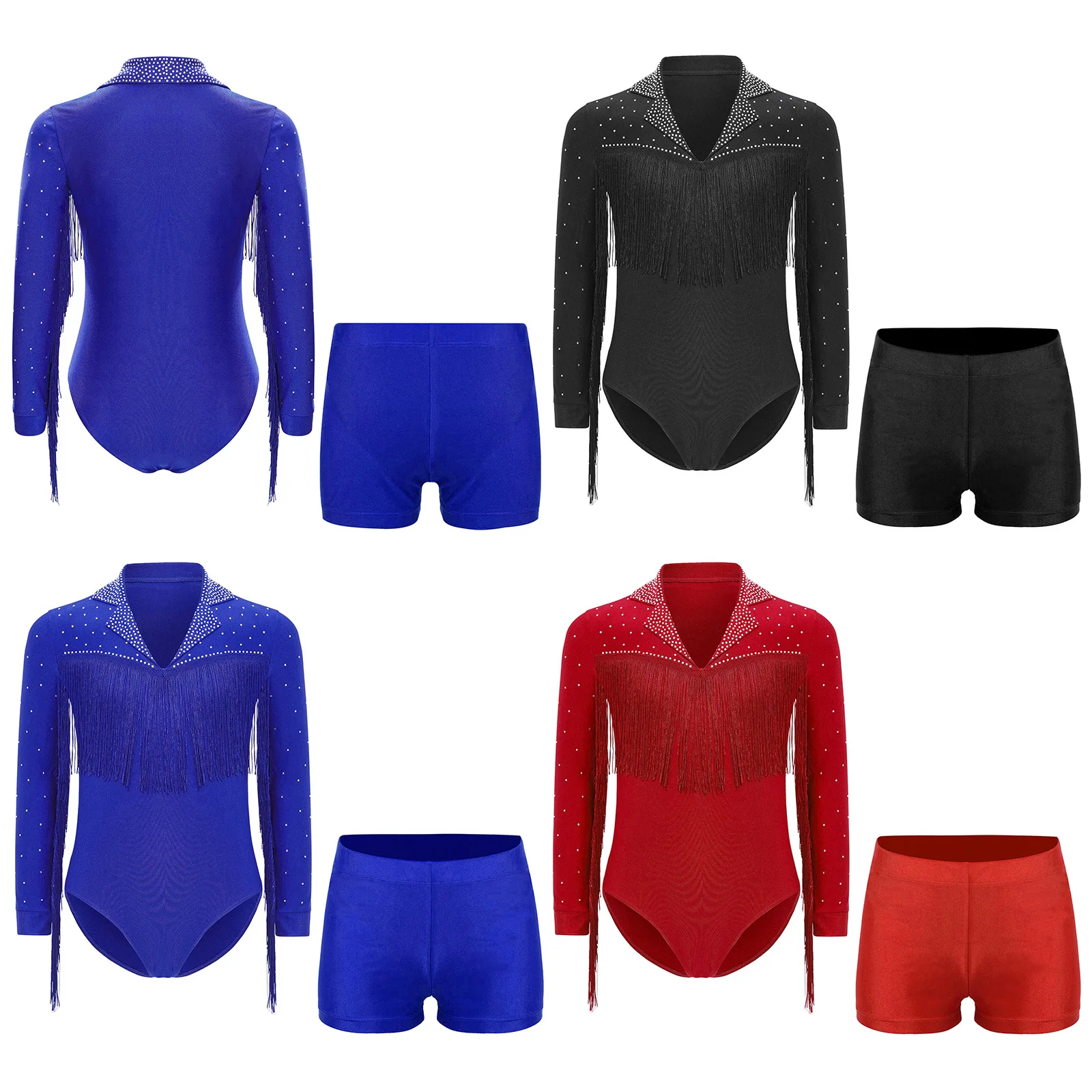 Kids Boys Latin Dance Sets Performance Costume Modern Ballroom Dancewear Long Sleeve Rhinestones Tassel Leotard with Shorts Suit