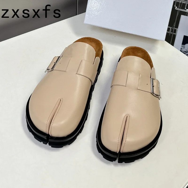 

Split Toe Platform Flat Half Slippers Women Real Leather Casual Slides Holiday Beach Shoes For Women Summer Brand Sandals Ladies