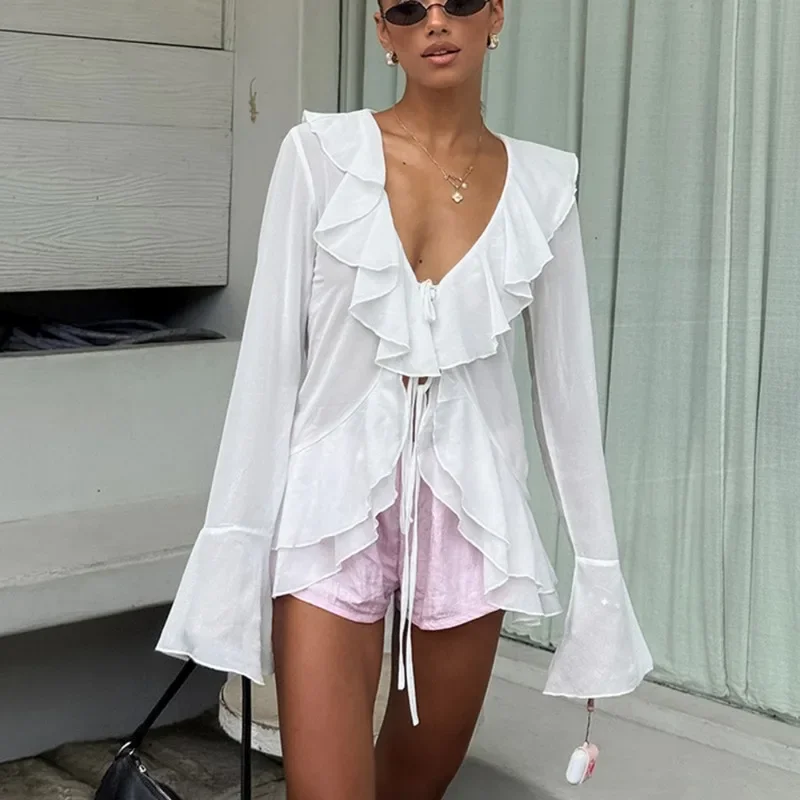 

2025 New Women's Lace-up Shirt Fashion V-Neck Ruffle Long Sleeve Top White Casual Office Lady Loose Cardigan Summer Female Shirt