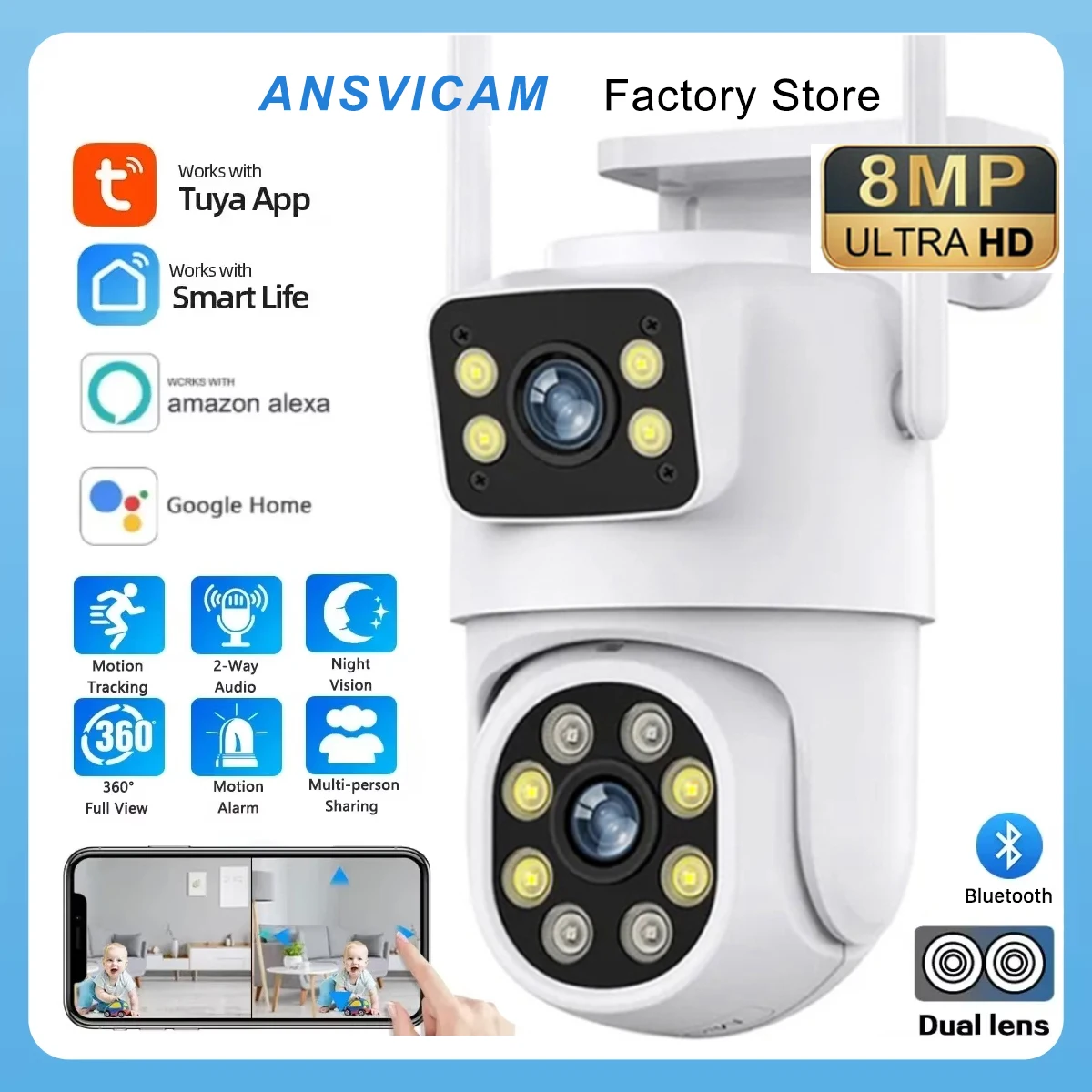 

4K 8MP Tuya Dual Lens PTZ WIFI Camera Full HD Dual Screen Ai Human Auto Tracking Outdoor 4MP Security Video Surveillance Camera