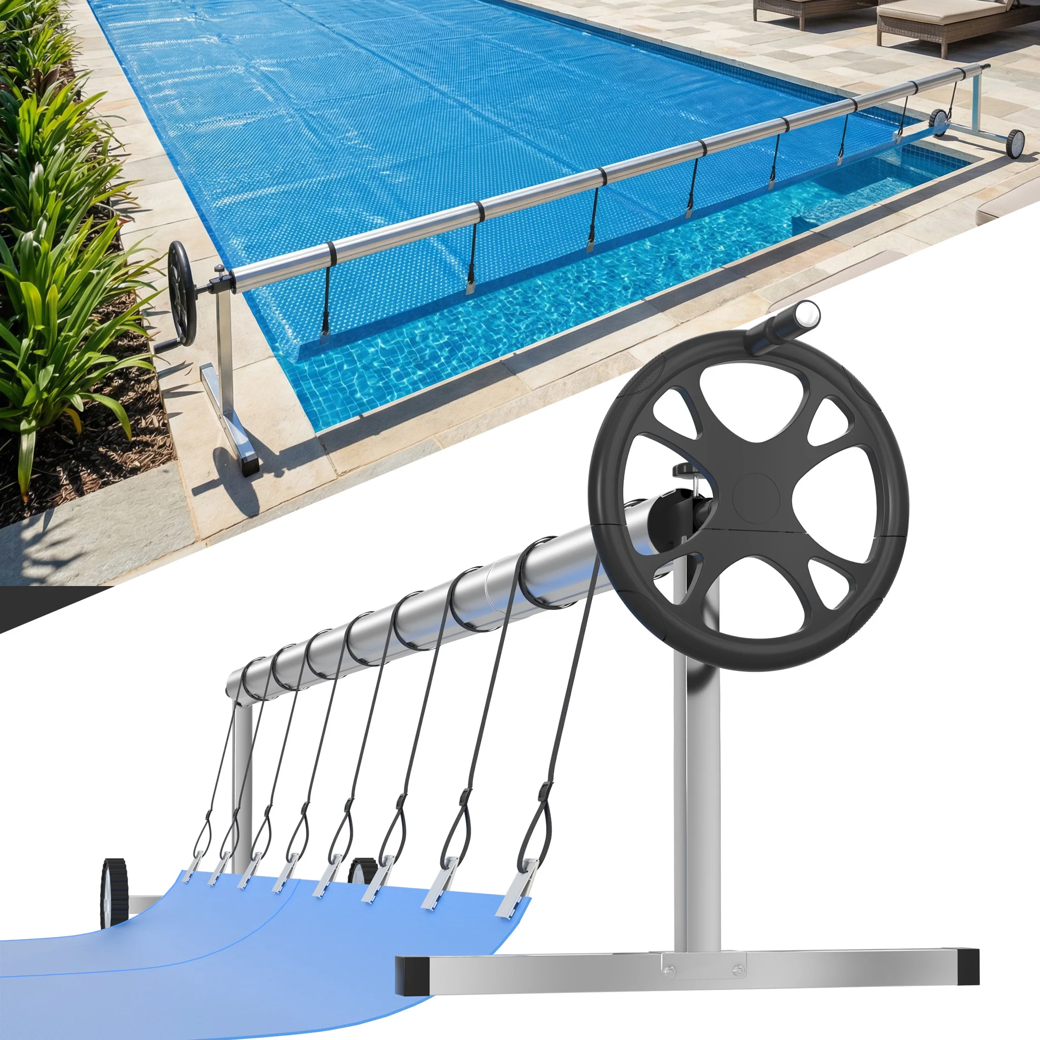 Avvolgitore Regolabile per Copertura Piscina 3-5,7 m – Sistema Avvolgibile Mobile per Copertura Solare, Dispositivo Avvolgibile in Alluminio e Acciaio