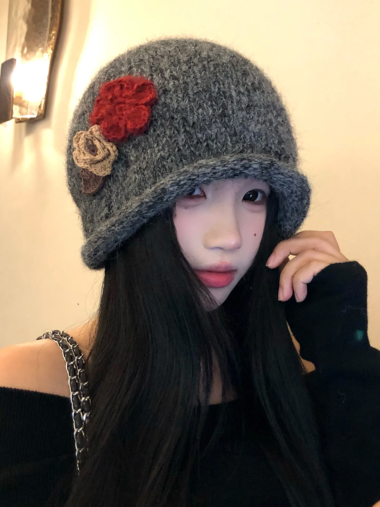 Retro Flower Handmade Crocheted Cuffed Yarn Hat Women's Autumn Winter New Style Warm Versatile Ear Protection Cold Cap Wrap Hat