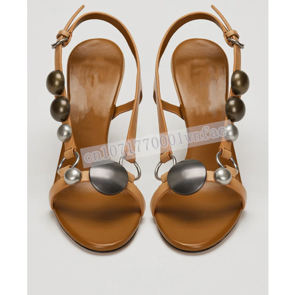 Women Brown Leather Slingback Sandals Vintage Metal Bead Decor Open Toe Stiletto Heel Summer Party Heeled Sandals Zapatos Mujer view 4