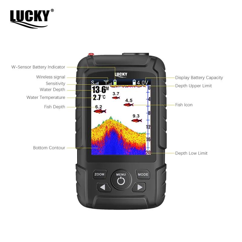 Lucky FF718LiC-WLA Wireless Portable Fish Finder 45M/147Feet Sonar Depth Waterproof Fishfinder Fish Attractive Lamp