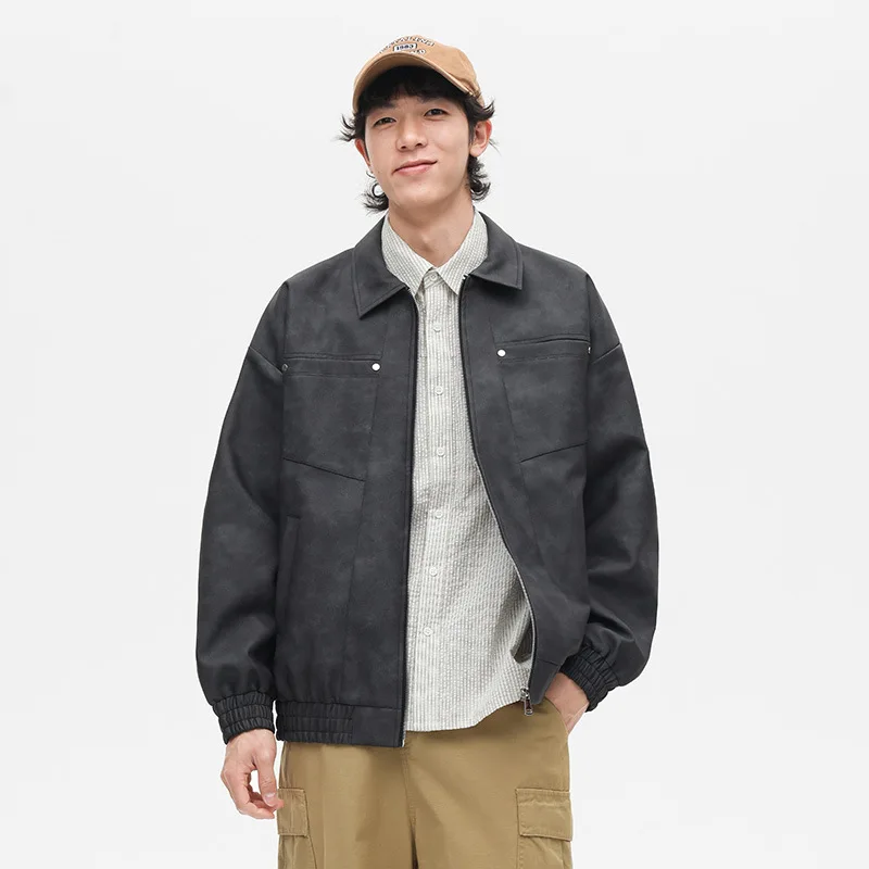 

Man Jacket Autumn New Vintage Simple Solid Long Sleeve Zipper Male Cargo Coat Turn Down Collar Pocket Zipper Men Outerwear