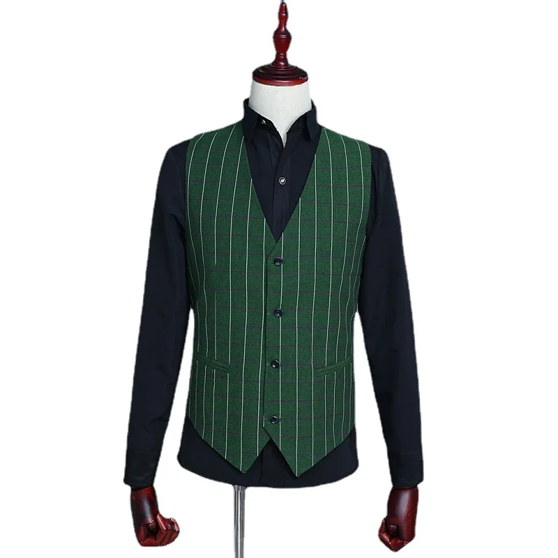 Green Plaid Suit Set for Men Groom Best Man Dress Blazer with Pant  Vest Double-breasted Performance Host Emcee Studio Coat