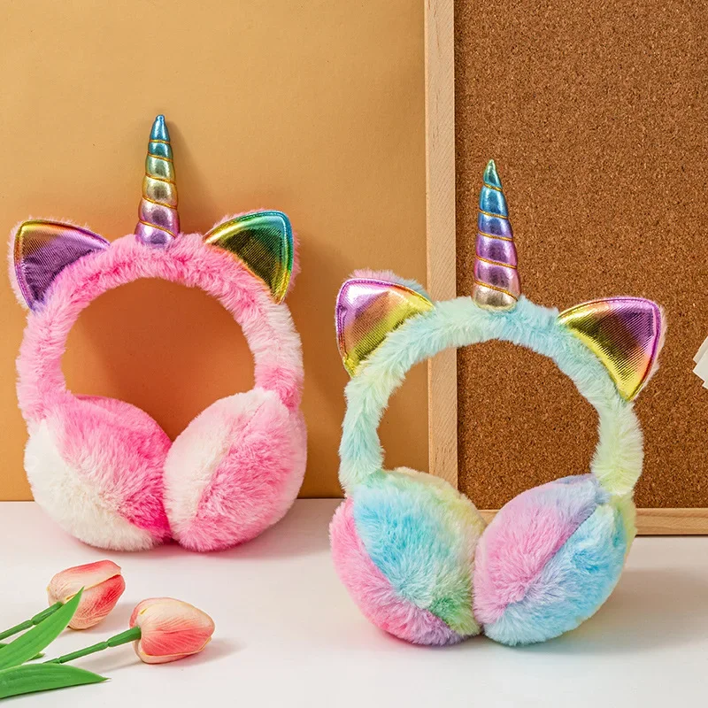 Colorful Unicorn Soft Plush Fluffy Earflap for Children Kids Winter Warm Plush Earmuffs with Cute Cat Ears Tie-dye Fur Hat